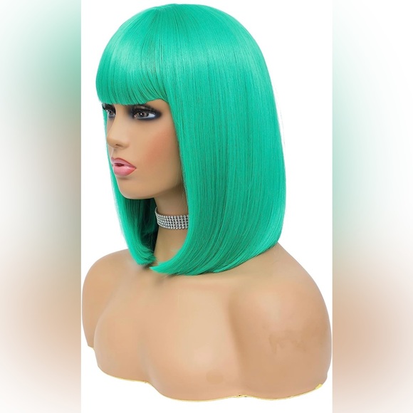 14” Green Straight Bob with Bangs Heat Resistant Synthetic Wig Cosplay Anime NEW - Picture 3 of 9